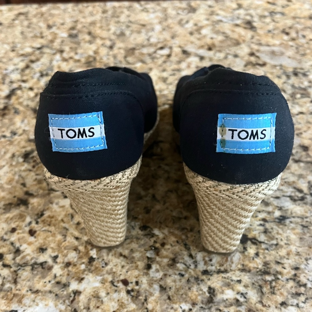 TOMS Black Canvas Peep-Toe Espadrille Wedges - Picture 4 of 9